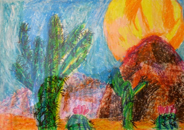 Мексиканский пейзаж (масляная пастель), Тестоедова Даша, 6 лет. Это уже привет kavisat'у