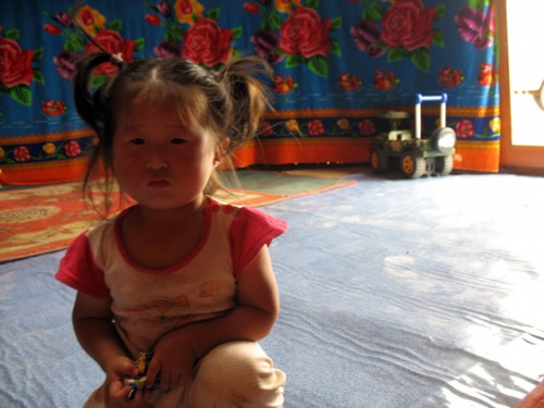 Монгольская девочка, которой мы подарили игрушку-динозавра