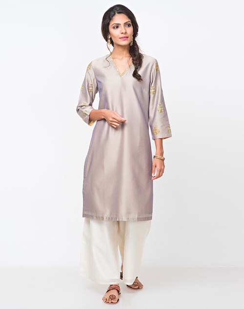 Detail Back Right  Cotton Silk Embroidered Sleeve Detail Mini Kurta