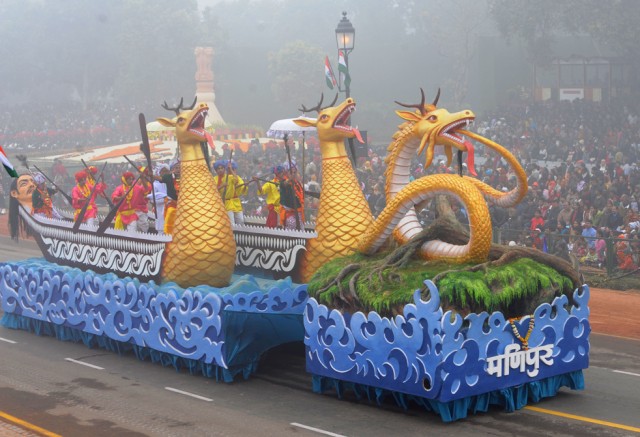 A float carrying a tableau from Northestern state of Manipur is displayed during the Indian Republic Day parade in New Delhi on Jan. 26. AFP / Getty I