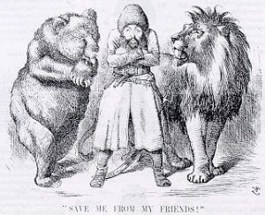 «Спасите меня от моих друзей». Карикатура времён Большой игры. Афганский эмир Шир-Али между Россией (медведь) и Англией (лев)