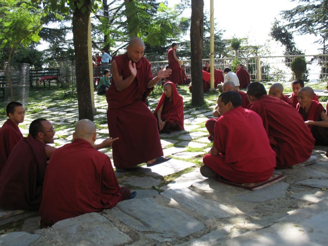Буддистские монахи дискутируют на террасе перед Намгьял-гомпой